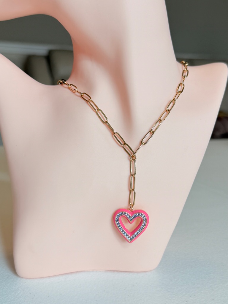 Gold Chain Necklace With Pink Heart Pendant
